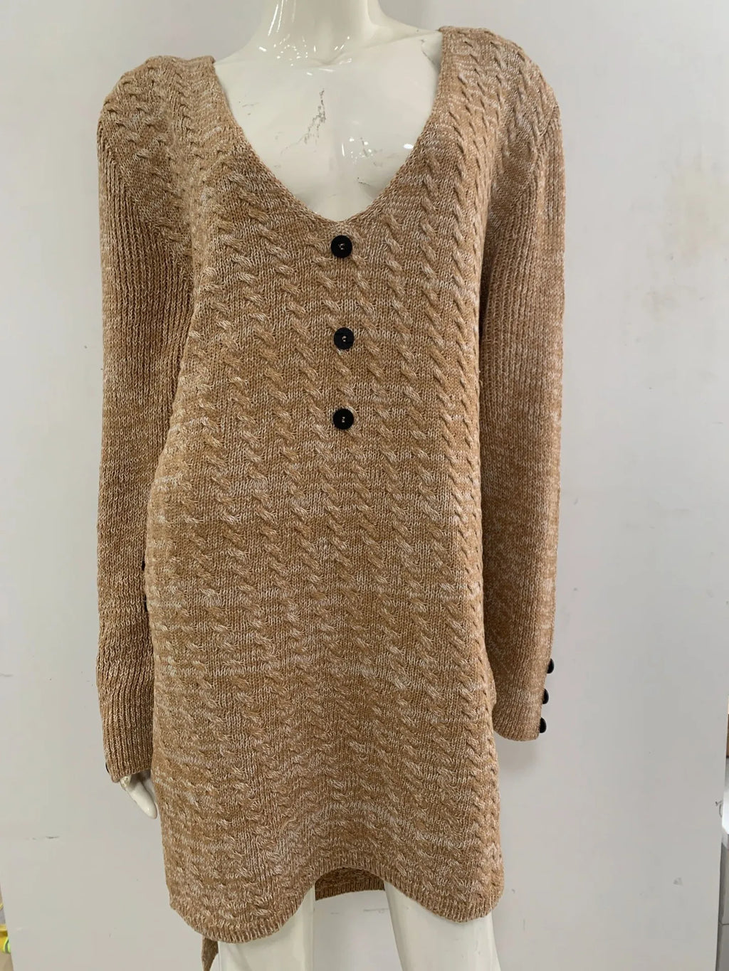 V Neck Knitted Dress Slim Fit Autumn Winter Solid Color