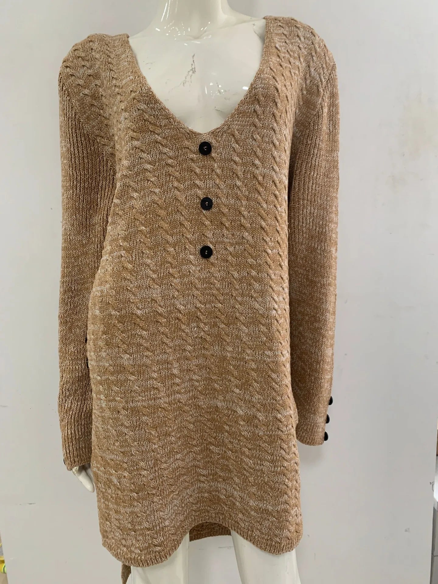 V Neck Knitted Dress Slim Fit Autumn Winter Solid Color