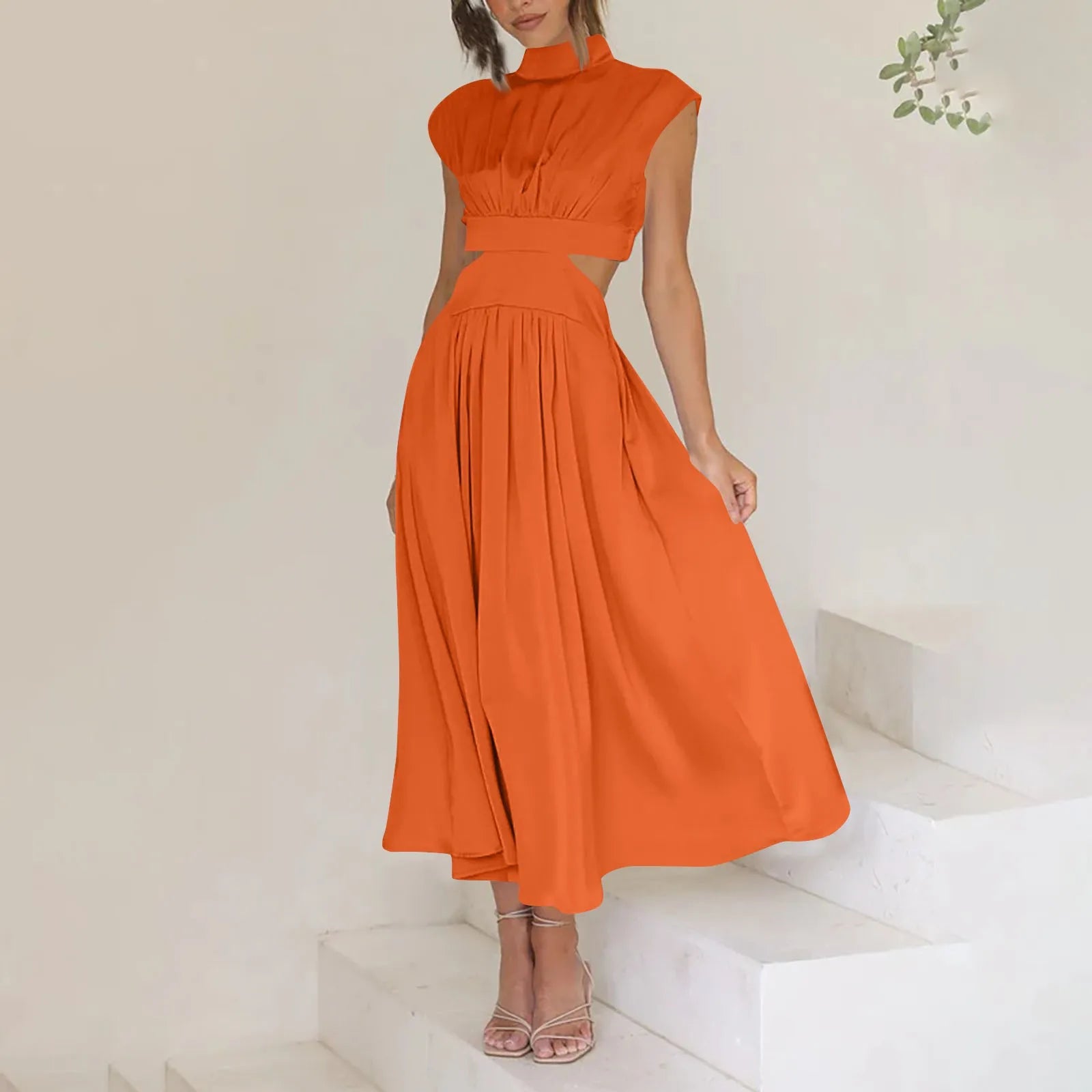 Solid Color High Waist Maxi Dress Sleeveless With Pockets