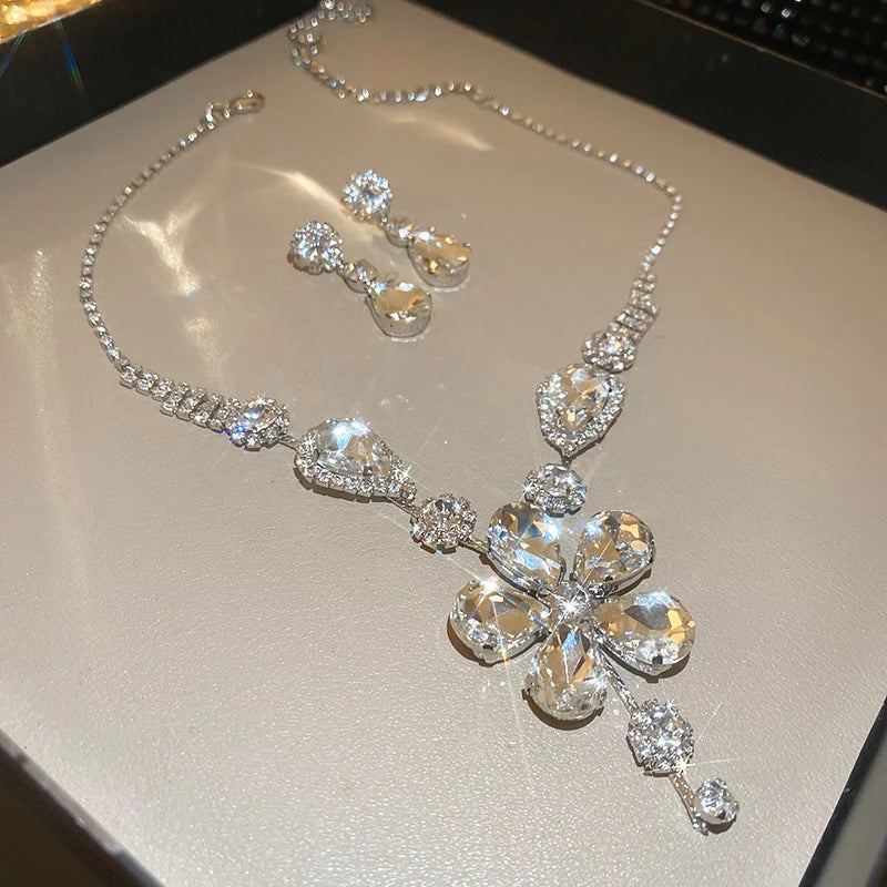 Large Water Drop Rhinestone Necklace and Earrings Set for Women Bridal Wedding Party Jewelry