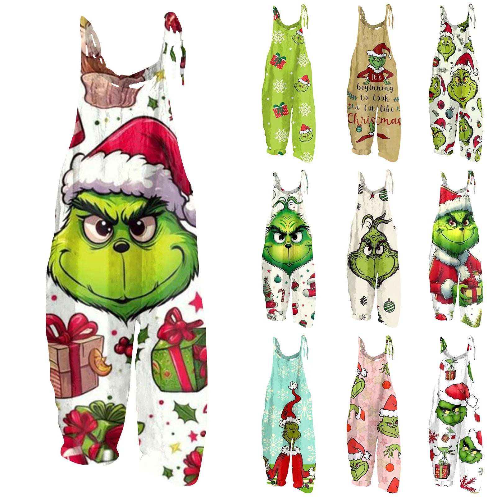 Kawaii Cartoon Print Casual Loose Vintage Strappy Jumpsuit Women's Fashion Festival Pants with Christmas Theme