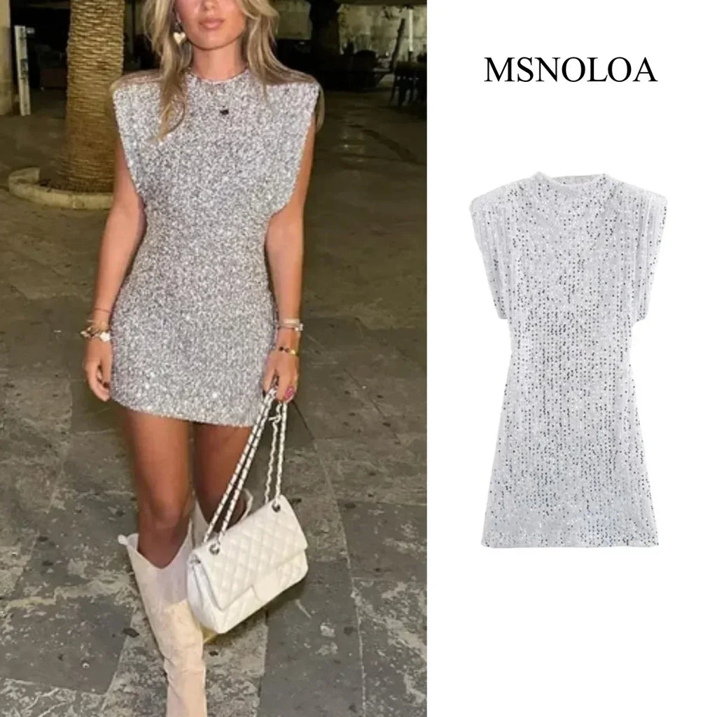Silver Sequin Mini Dress Bodycon O Neck Sleeveless Partywear