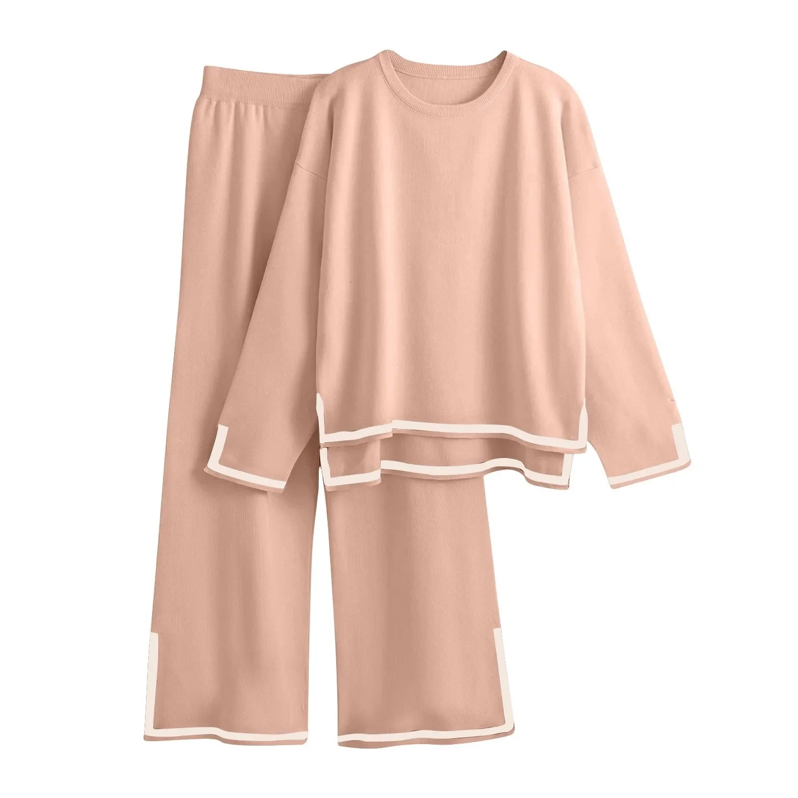 Knitted Women's Casual Two Piece Set with Long Sleeve Sweater and Wide Leg Pants for Comfortable Homewear