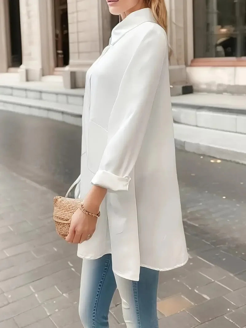 White Casual Loose Blouse for Women Mid Length Long Sleeve Autumn Winter Top Soft Comfortable Korean Fashion