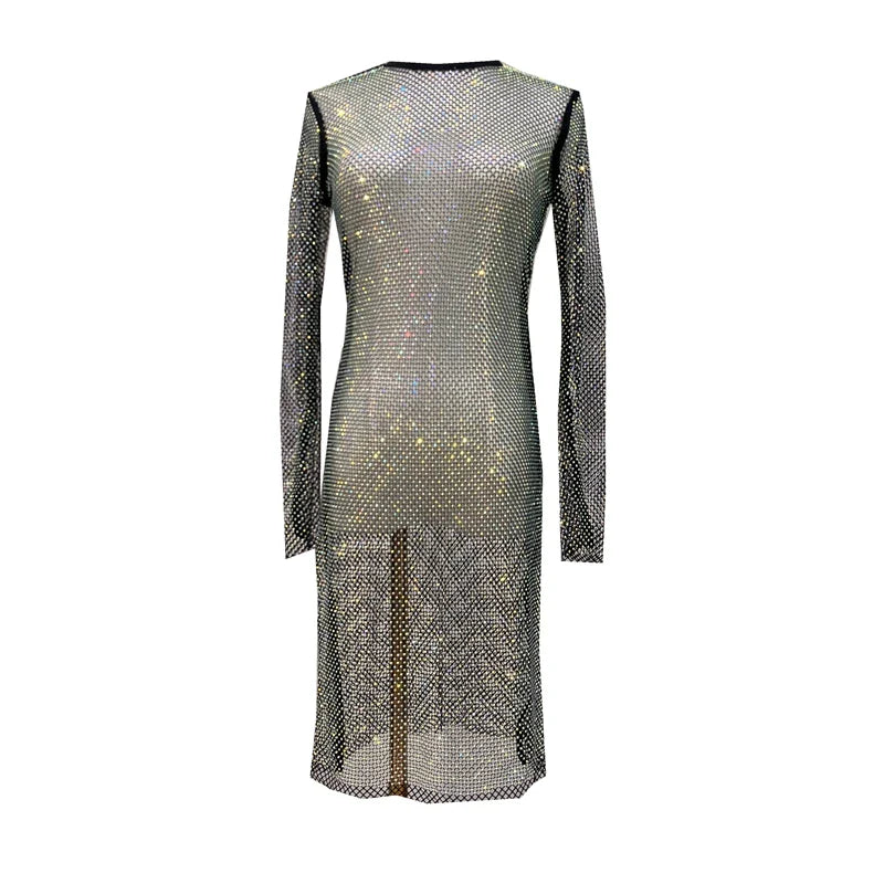 See Through Rhinestone Dress Round Neck Long Sleeve