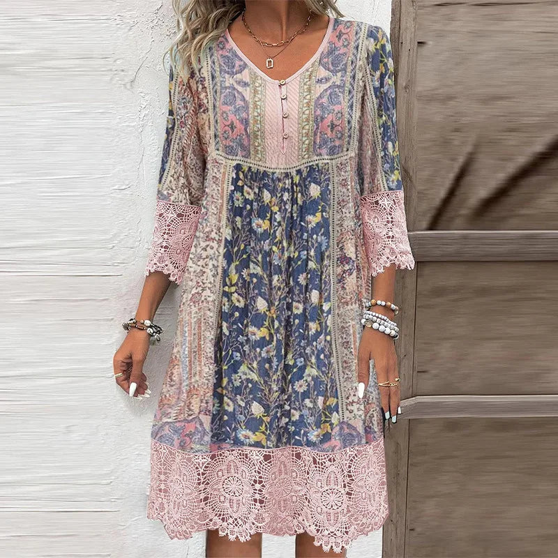 Vintage Lace Dress For Women Printed Spring Summer Fashion