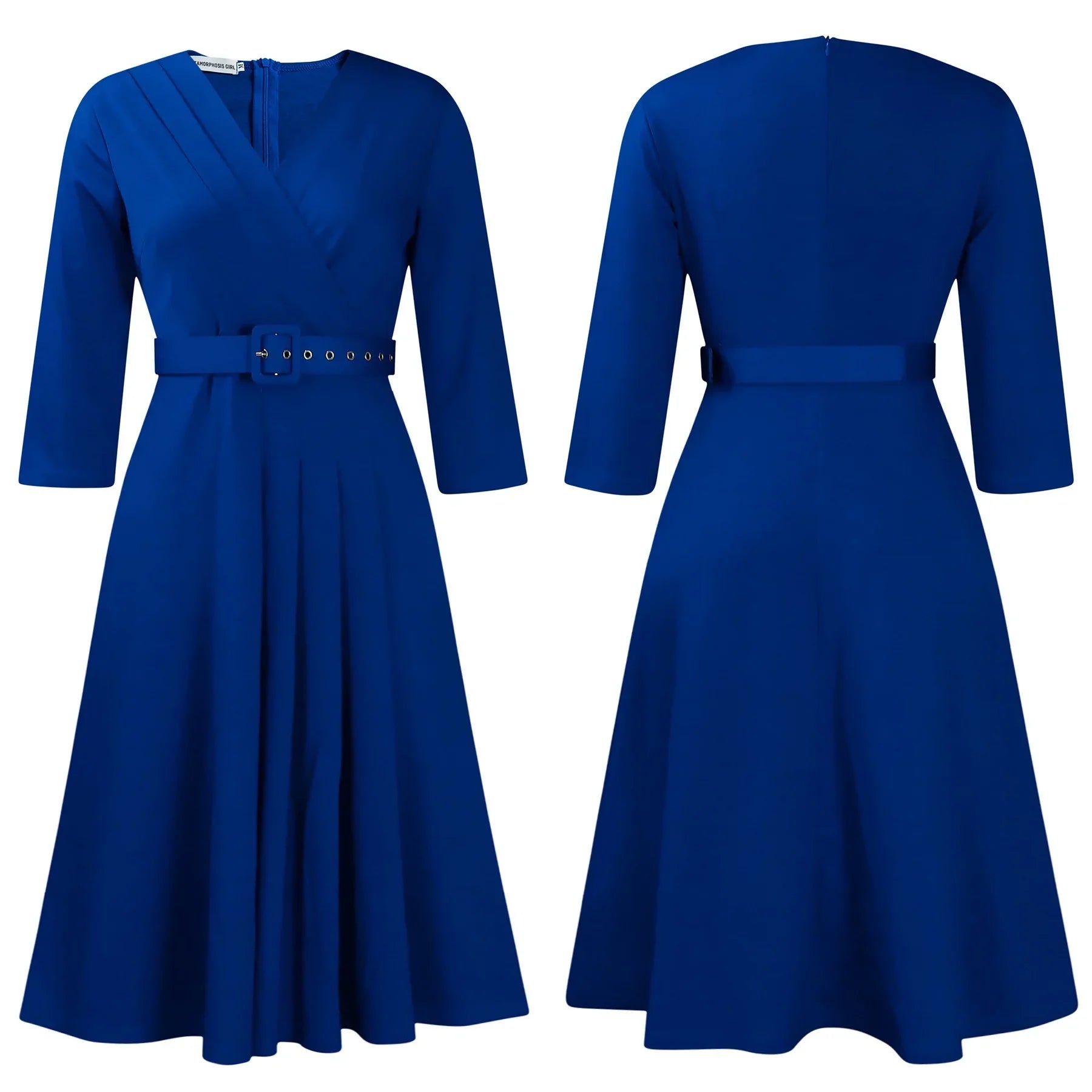 V Neck Office Dress For Women Belted Pleated Mid Calf