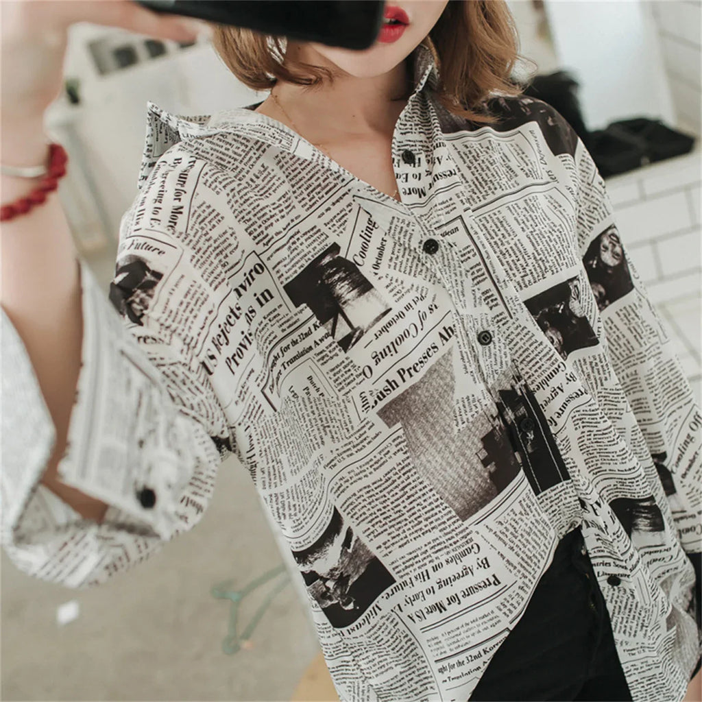 Women's Loose Fit Summer Blouse Thin Breathable Newspaper Print Shirt Sun Protection Long Sleeve Top Casual Streetwear