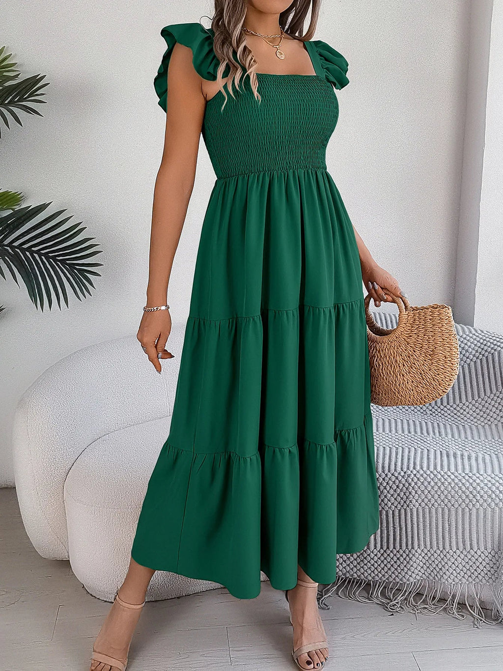 Square Neck Maxi Dress for Women Solid Summer Color