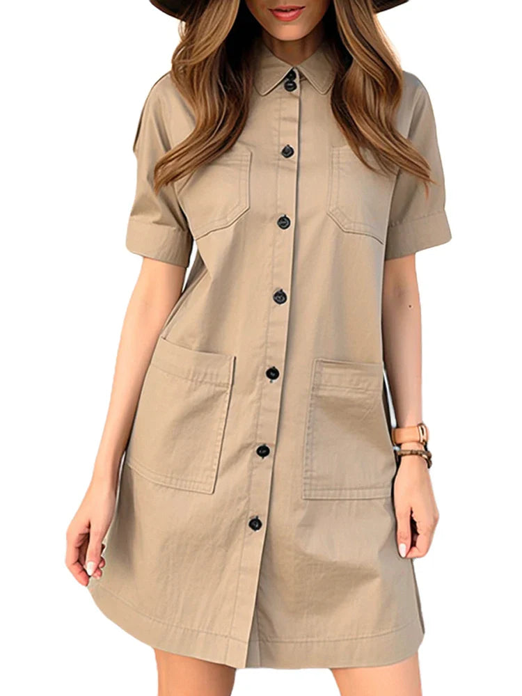 Summer Women Overalls Dress Short Sleeve Button Front