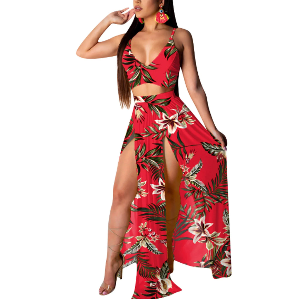 Bohemian Floral Two Piece Set V Neck Beach Dress for Women