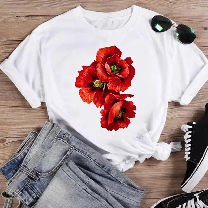 Watercolor Floral Print Women's Short Sleeve Summer T-Shirt
