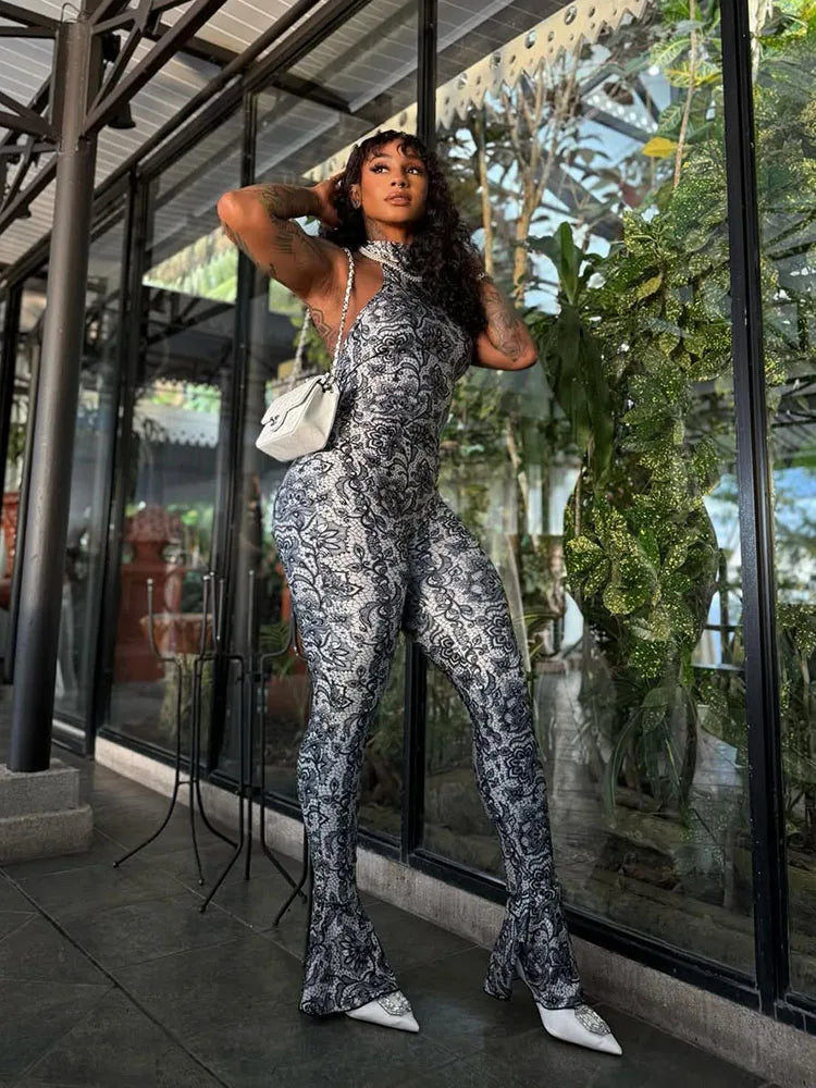 Attractive Y2K Women Jumpsuit Fashion Print Halter Neck Backless High Collar Off Shoulder Overalls for Nightclub Party