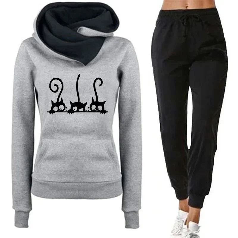 Womens Cute Cat Print Tracksuit Hooded Sweatshirt and Jogging Pants Set for Casual Autumn and Winter Wear