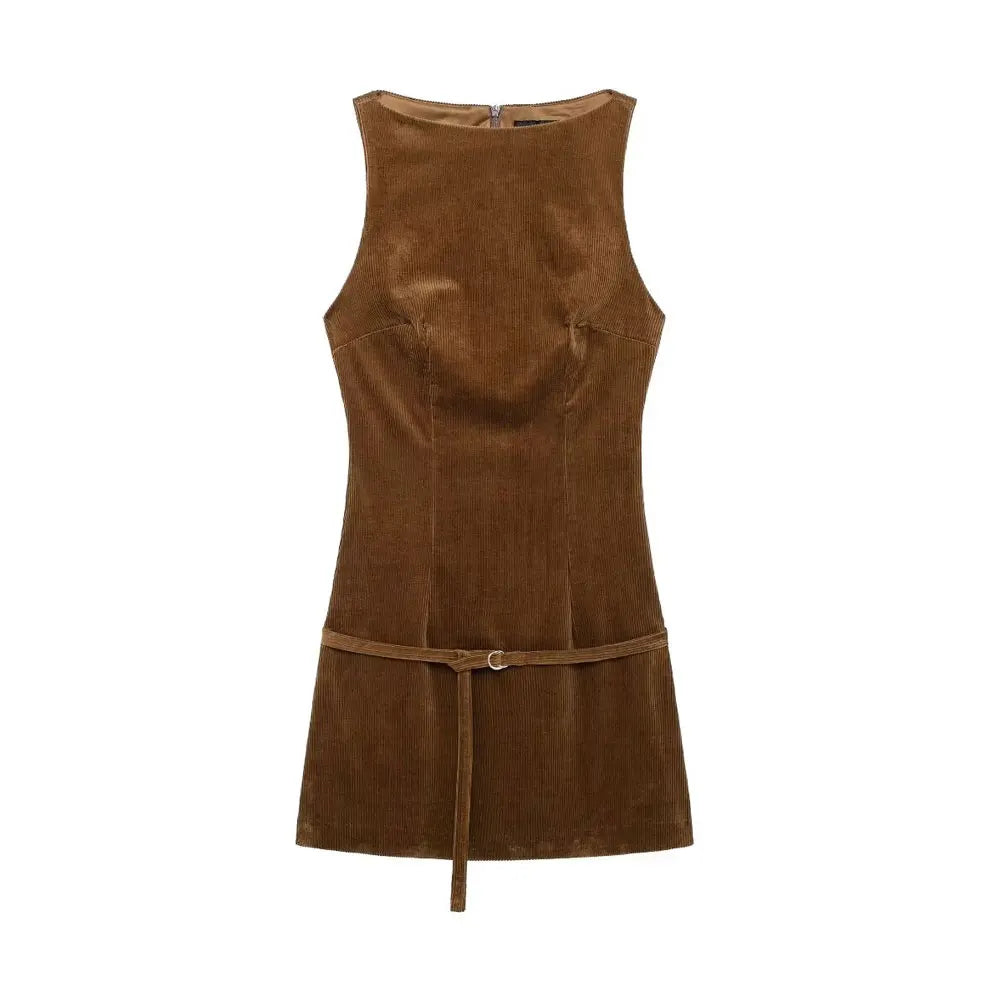 Corduroy Mini Dress With Belt O Neck Sleeveless Back Zipper