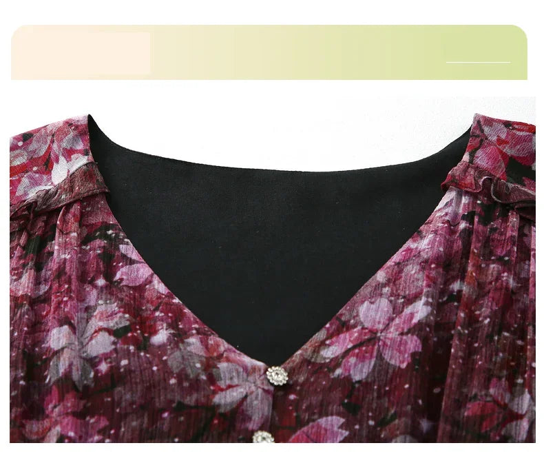 Purple Floral Chiffon Dress With V Neck And Lantern Sleeves