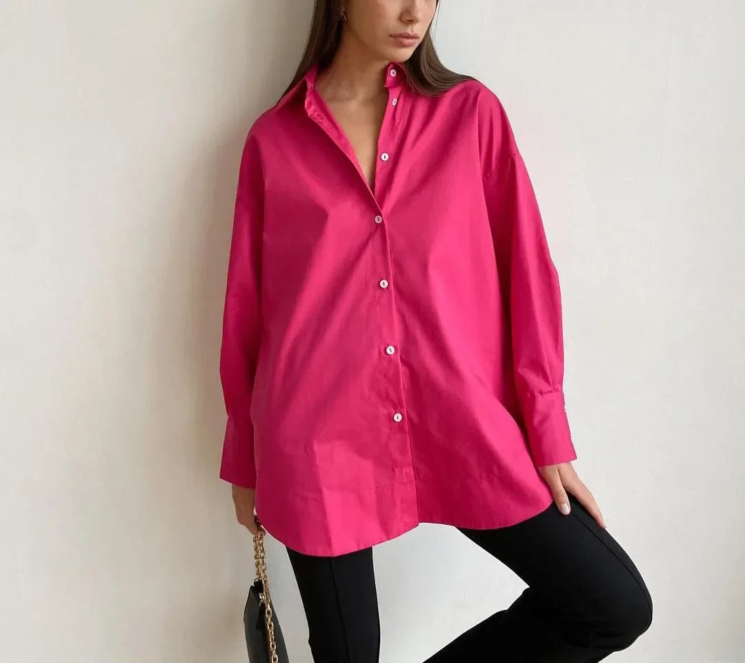 Women's Oversized Cotton Shirt in Candy Colors Long Sleeve Solid Green Blouse Casual Comfortable Stylish Top