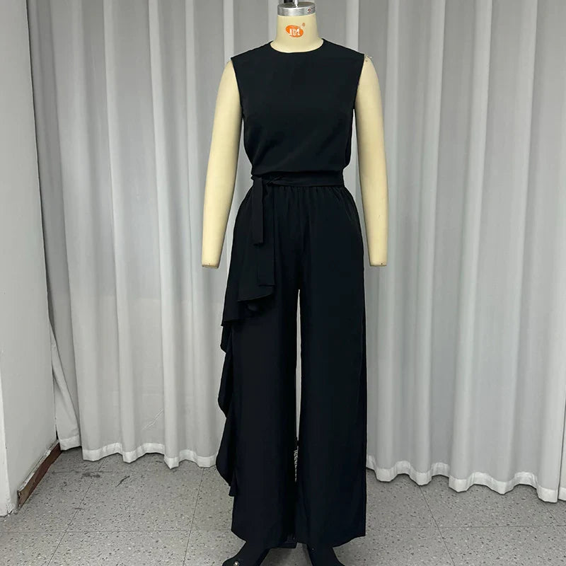 Casual Women's 2 Piece Set with Sleeveless Pullover Top and Ruffled Pants for Stylish High Street Look