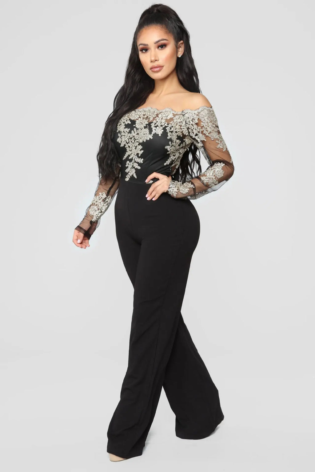 Appliques Lace Patchwork Off Shoulder Jumpsuit for Women with Slash Neck Long Sleeve and Elegant Wide Leg Pants Party Overalls