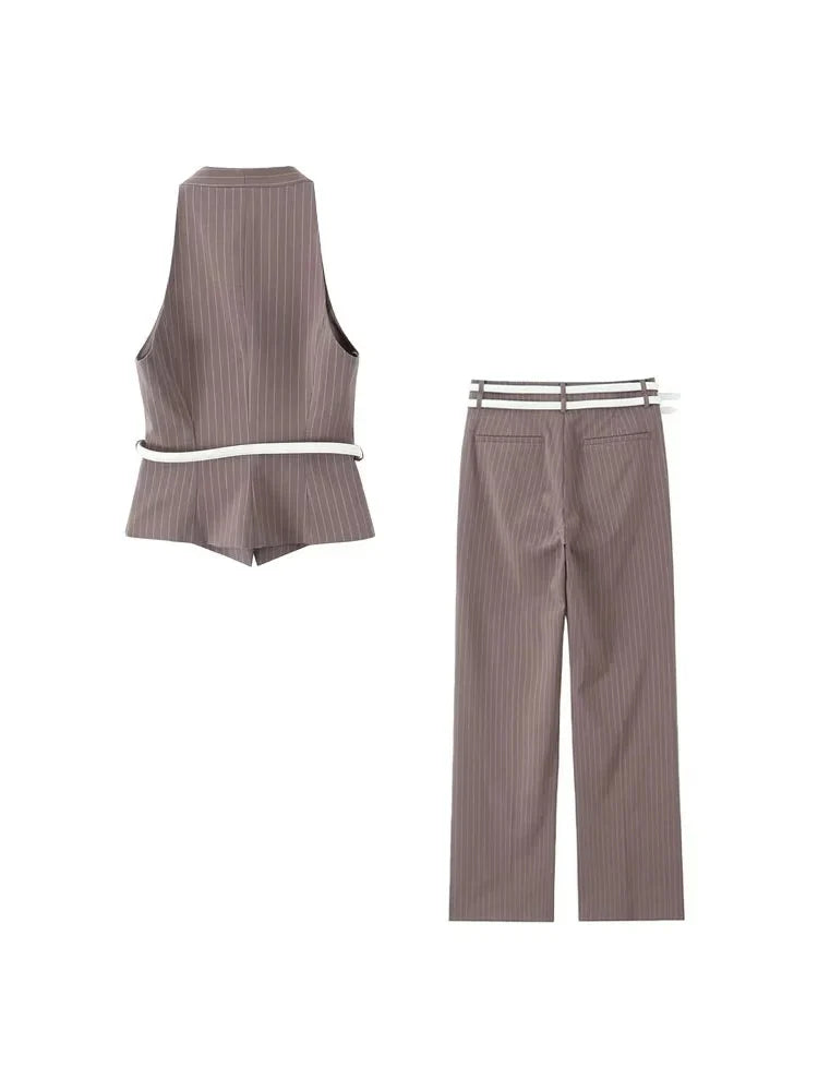 Women's Fashion Striped Two-Piece Set with Belted Waistcoat Top and Low Waist Pocketed Pants