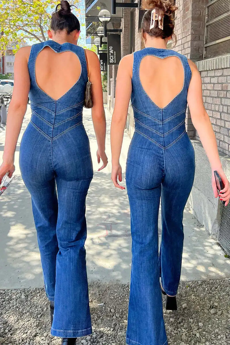 Summer Sleeveless High Waist Denim Jumpsuit with Backless Heart Design Zip-Up Jeans Overalls for Women Vintage Streetwear