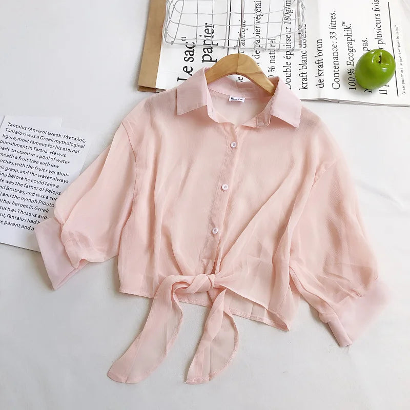 Women Buttoned Up Chiffon Blouse Tied Waist Crop Top Office Lady Shirt Thin and Lightweight
