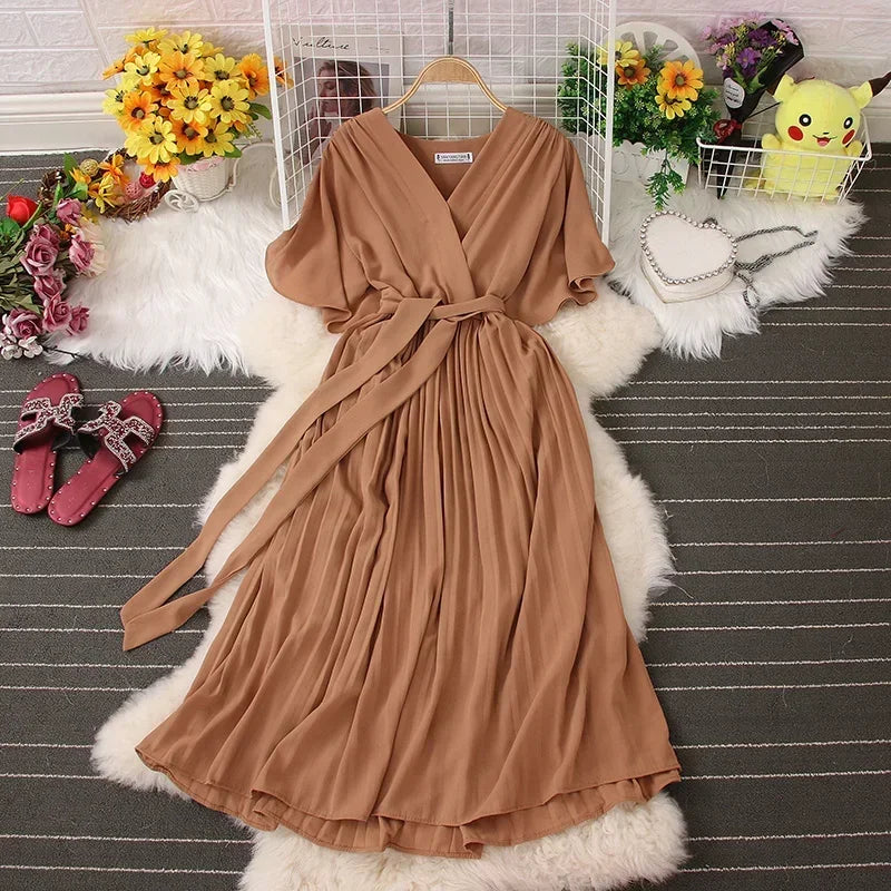 Chiffon Pleated Lace Up V Neck Dress For Women Summer