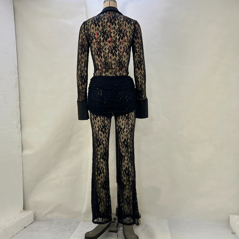 Sexy Lace Patchwork Deep V Long Sleeved Top and Slim Fit High Waisted Flared Pants Women's Set