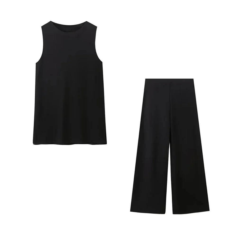 Women Casual Two Piece Set with Sleeveless Tank Top and Wide Leg Pants