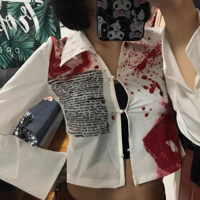 Y2K Slim Fit Long Sleeve Printed Crop Top for Women Stylish Button Front Short Blouse Party Shirt