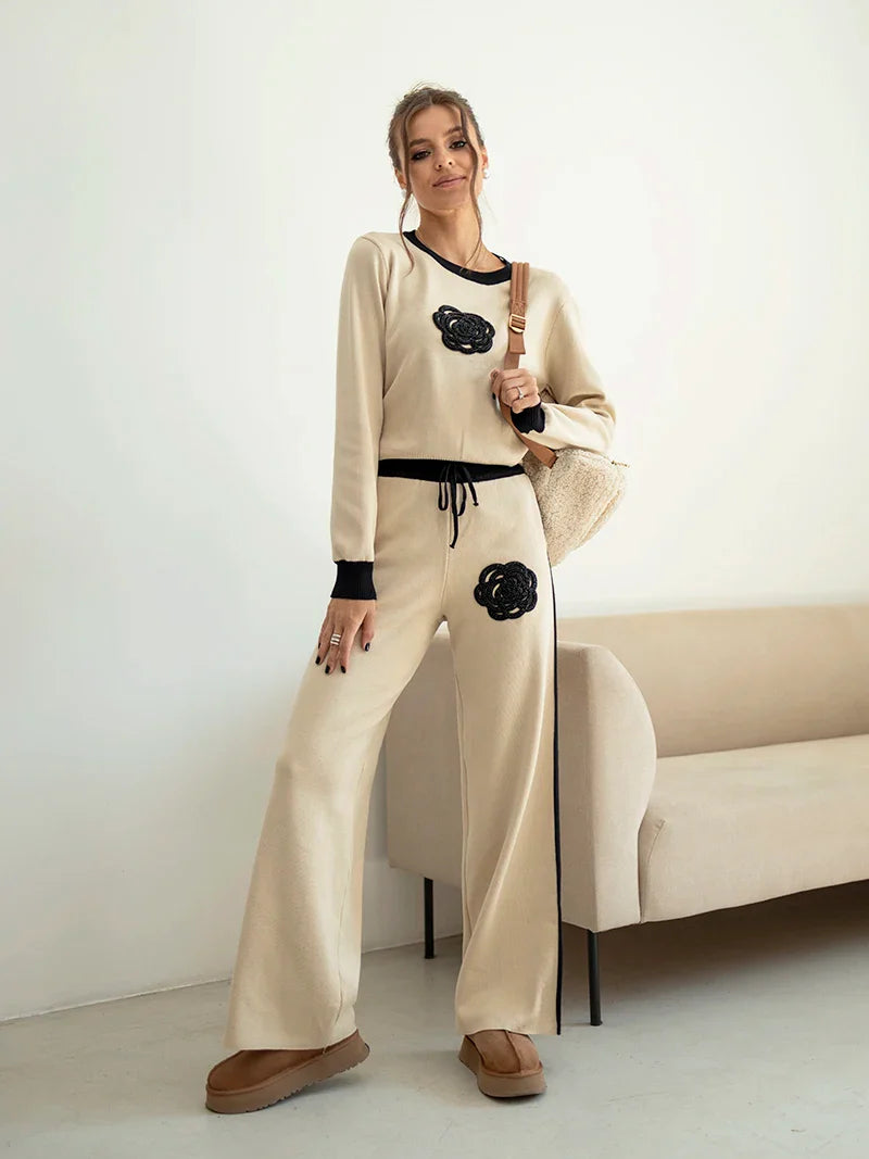 Casual Knitted Floral Two Piece Sweater Set for Women Stylish Knit Tracksuit Matching Outfit Winter Essential