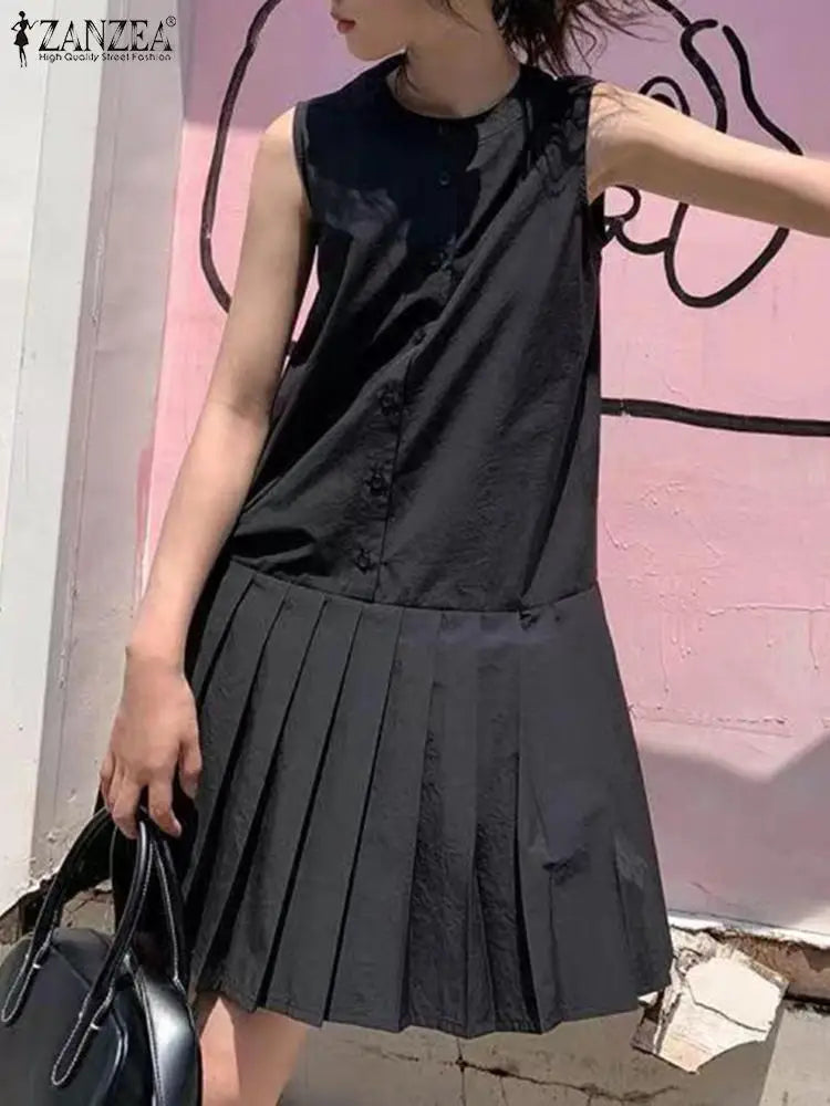 Pleated Button Mini Dress With Tank Sleeveless O Neck