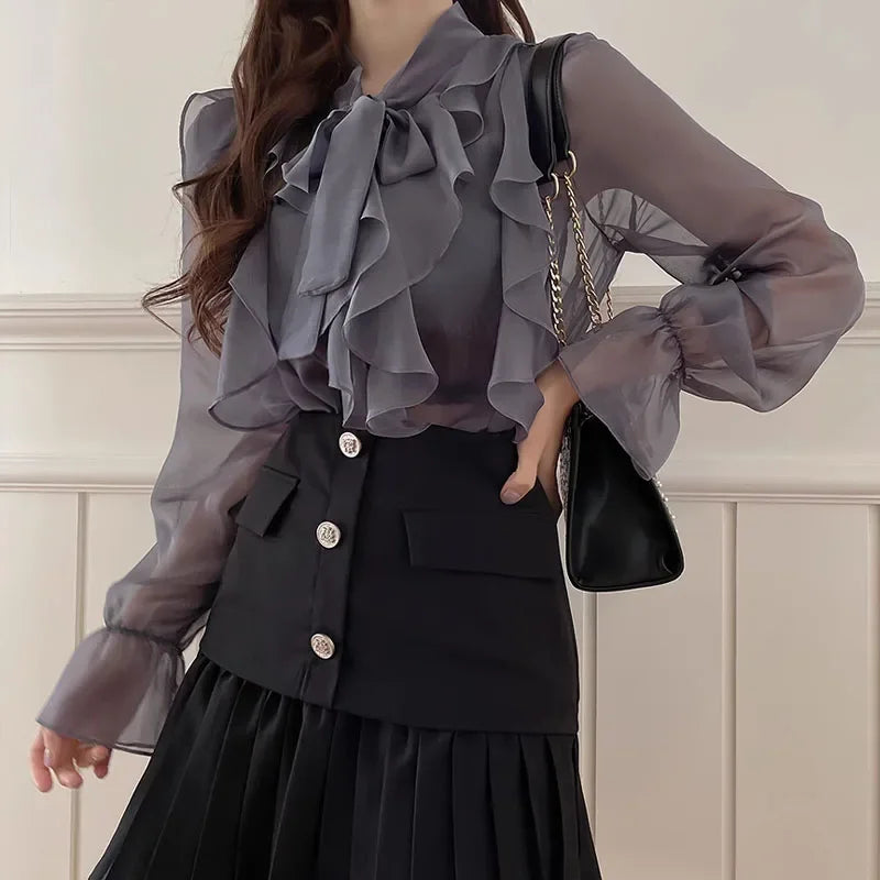 Chic Korean Style Chiffon Blouse for Women with Sweet Bow Tie Long Sleeve Office and Casual Tops Lightweight Summer Shirt