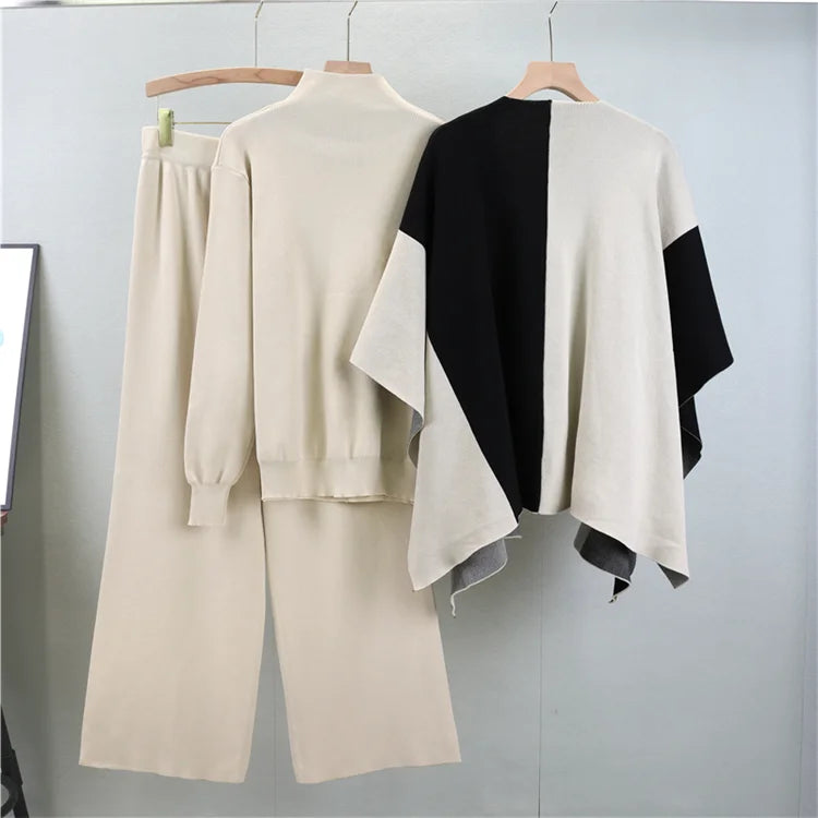 Elegant Knitted Three-Piece Suit for Women - Cozy Autumn Winter Knit Top with Wide Leg Pants and Stylish Shawl Set