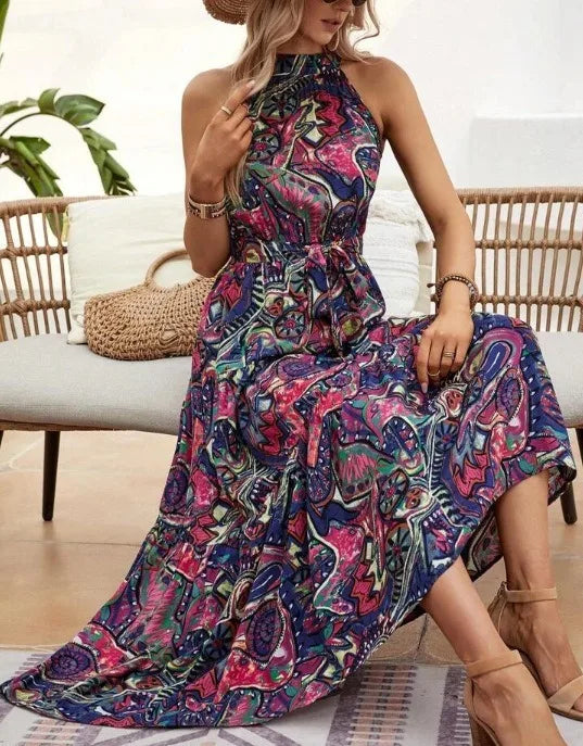Bohemian Print Maxi Dress Halter Neck Zipper Closure