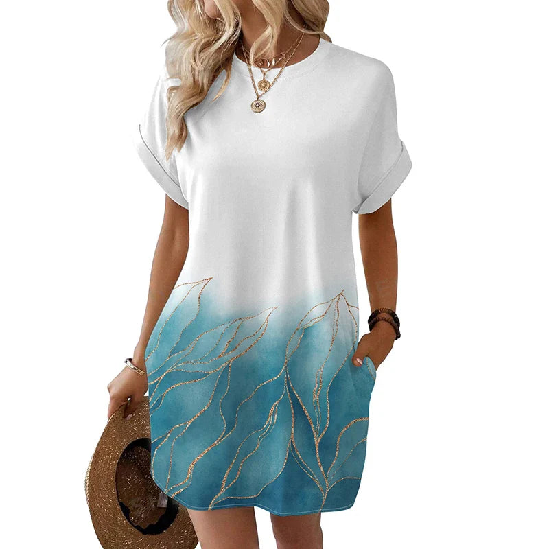 Printed Round Neck Pocket Dress For Women Short Sleeve