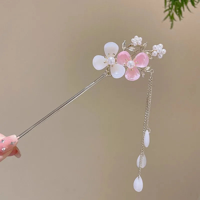 Elegant Enameled Flower Tassel Hair Clip Alloy Hairpin for Women Stylish Chinese Hair Accessory