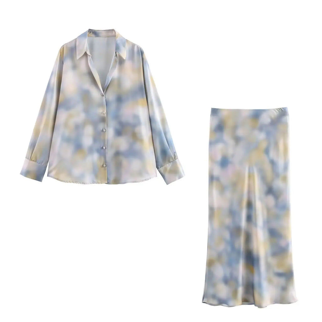 Women's Tie Dye Texture Vertical Collar Shirt with High Waist Slimming Skirt Set Spring Casual Chic Elegant Outfit