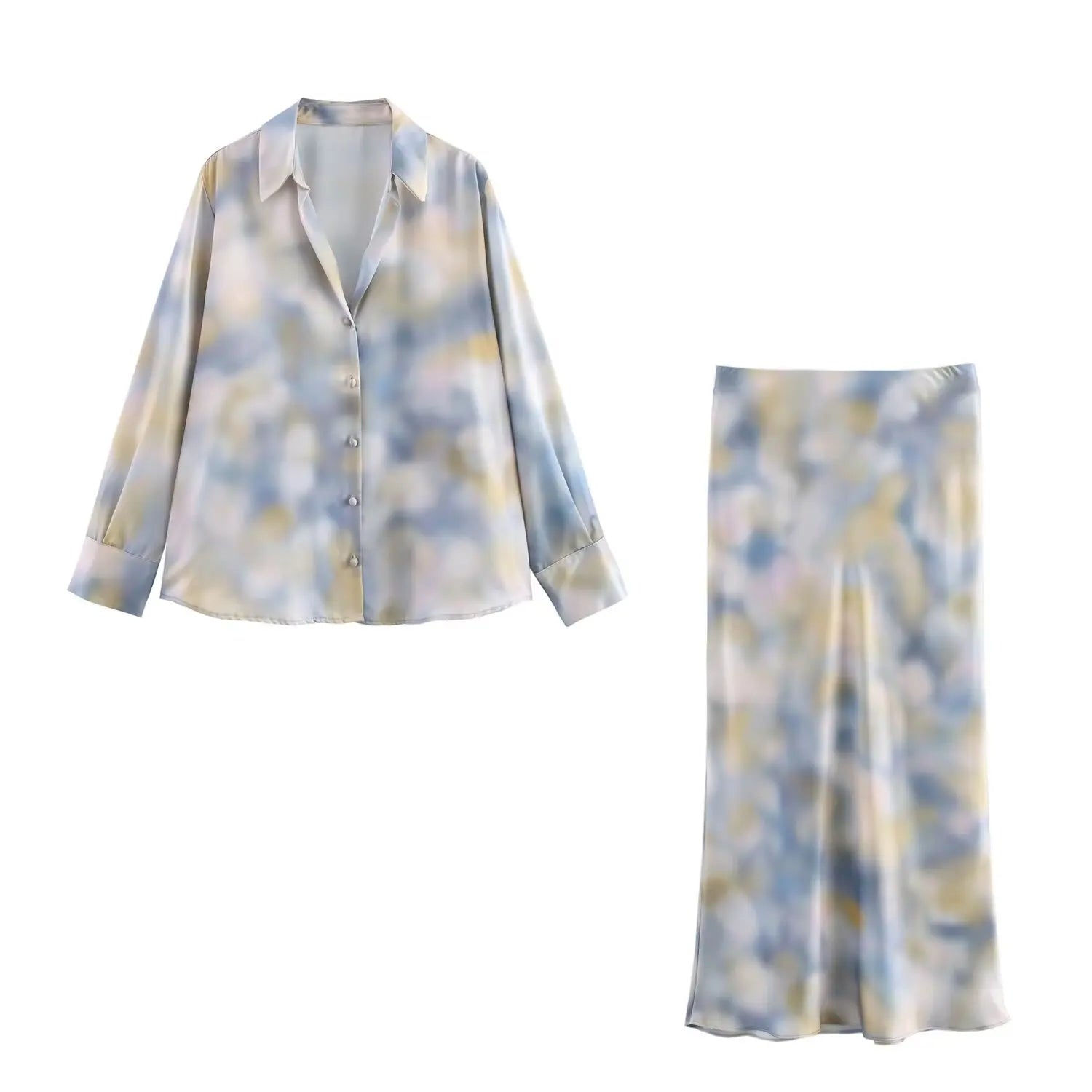 Women's Tie Dye Texture Vertical Collar Shirt with High Waist Slimming Skirt Set Spring Casual Chic Elegant Outfit