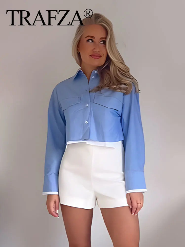 Elegant Patchwork Blouse for Women Long Sleeve Single Breasted Lapel Shirt Chic Short Top