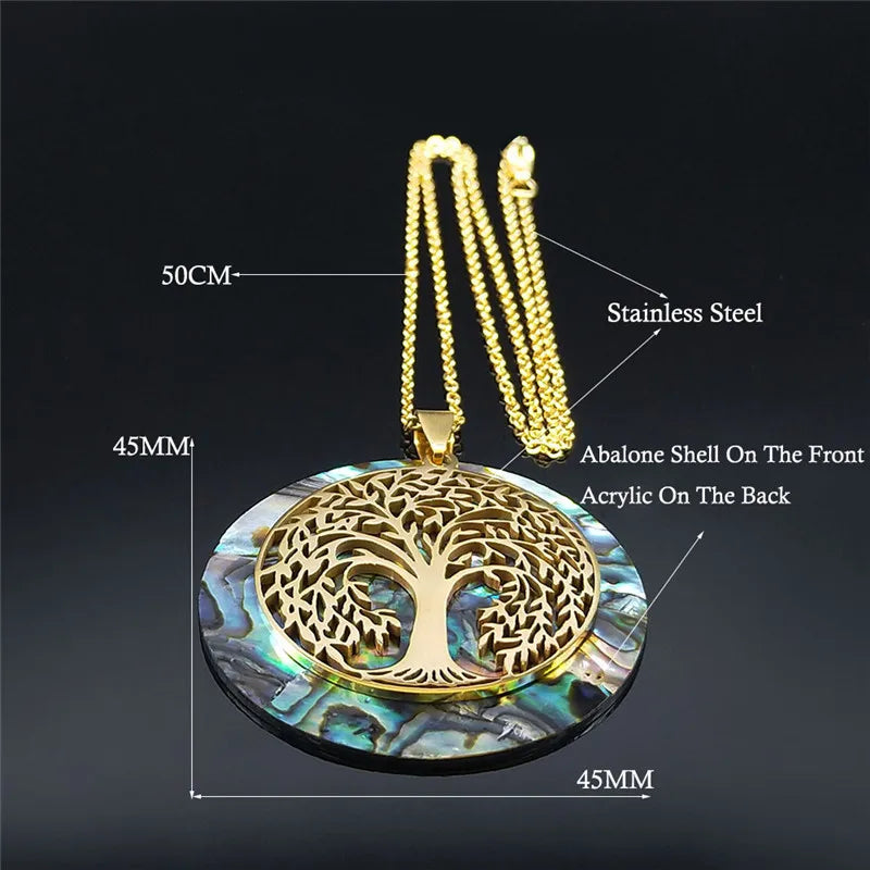 Tree of Life Abalone Shell Necklace Gold Color Stainless Steel Boho Jewelry for Weddings and Special Occasions