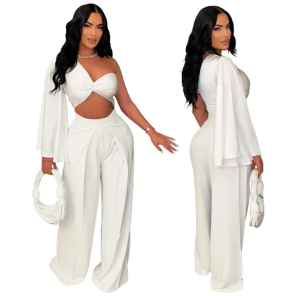 Women's Ruched One Shoulder Sleeve Crop Top and Wide Leg Pants Two Piece Set Outfit