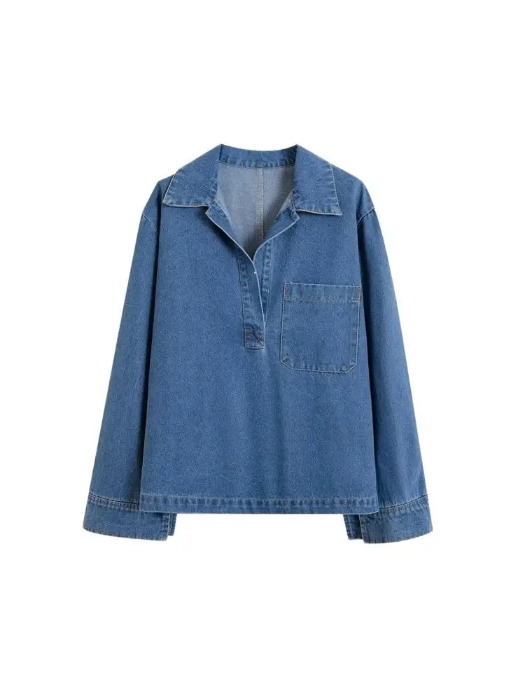 Women's Denim Loose Shirt with Pockets and High Elastic Waist Wide Leg Pants Two Piece Set