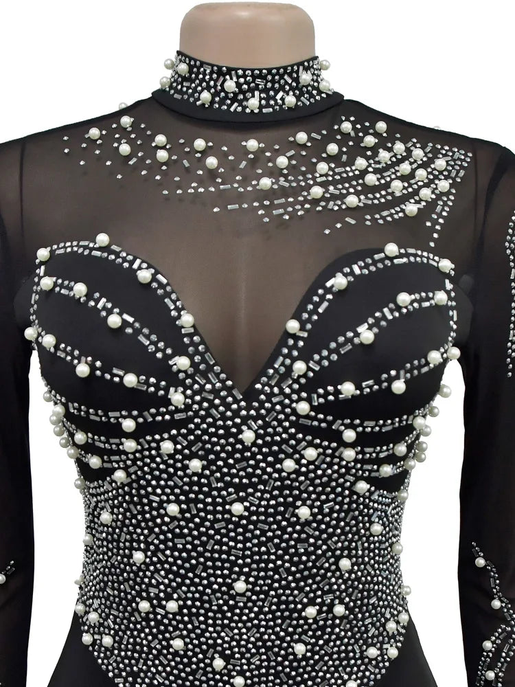 Women's Sheer Mesh Crystal Jumpsuit with Pearls and Rhinestones Long Sleeve Fitted Glam Romper Clubwear One-Piece Outfit