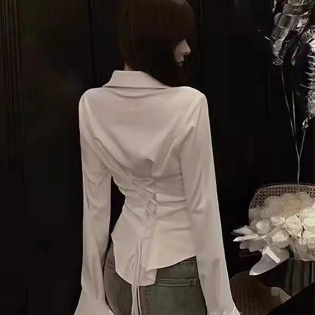 Slim White Chiffon Shirt for Women Long Sleeve Horn Sleeve Blouse Elegant Slim Fit Chic Ladies Top