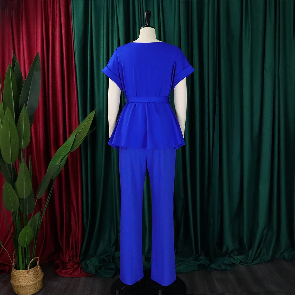 Women's Elegant 2 Piece Pants Set with Solid Blouse Short Sleeve O Neck and Long Trousers