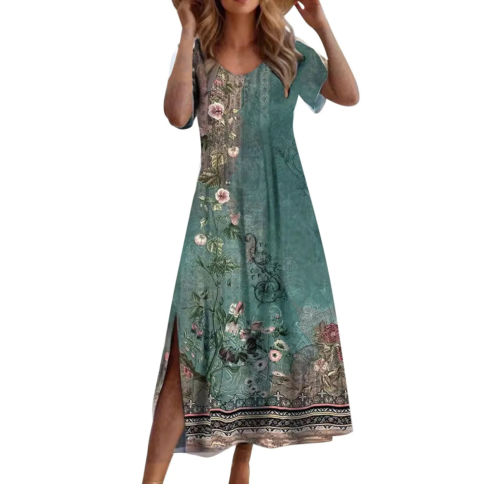 Women Allover Print Dress With Round Neck Short Sleeves