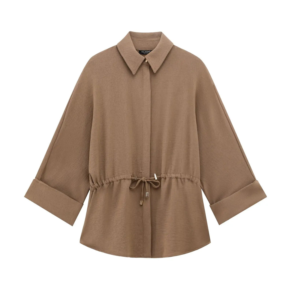 Safari Style Long Sleeve Drape Shirt and High Waist Pants Suit for Women