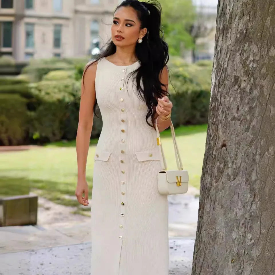 Elegant Knitted Long Summer Dress With O Neck Sleeveless