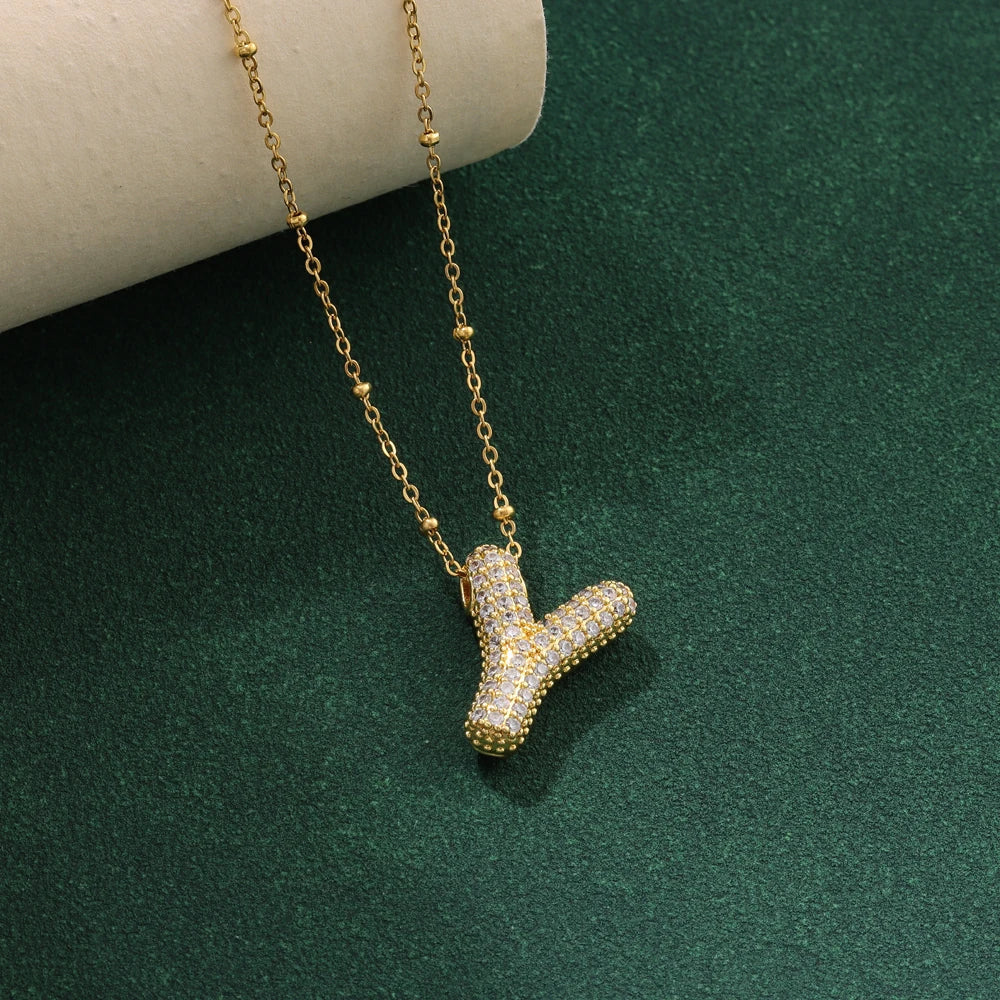 Luxury Zircon Crystal Initial Necklace for Women Stainless Steel Choker Chain Jewelry